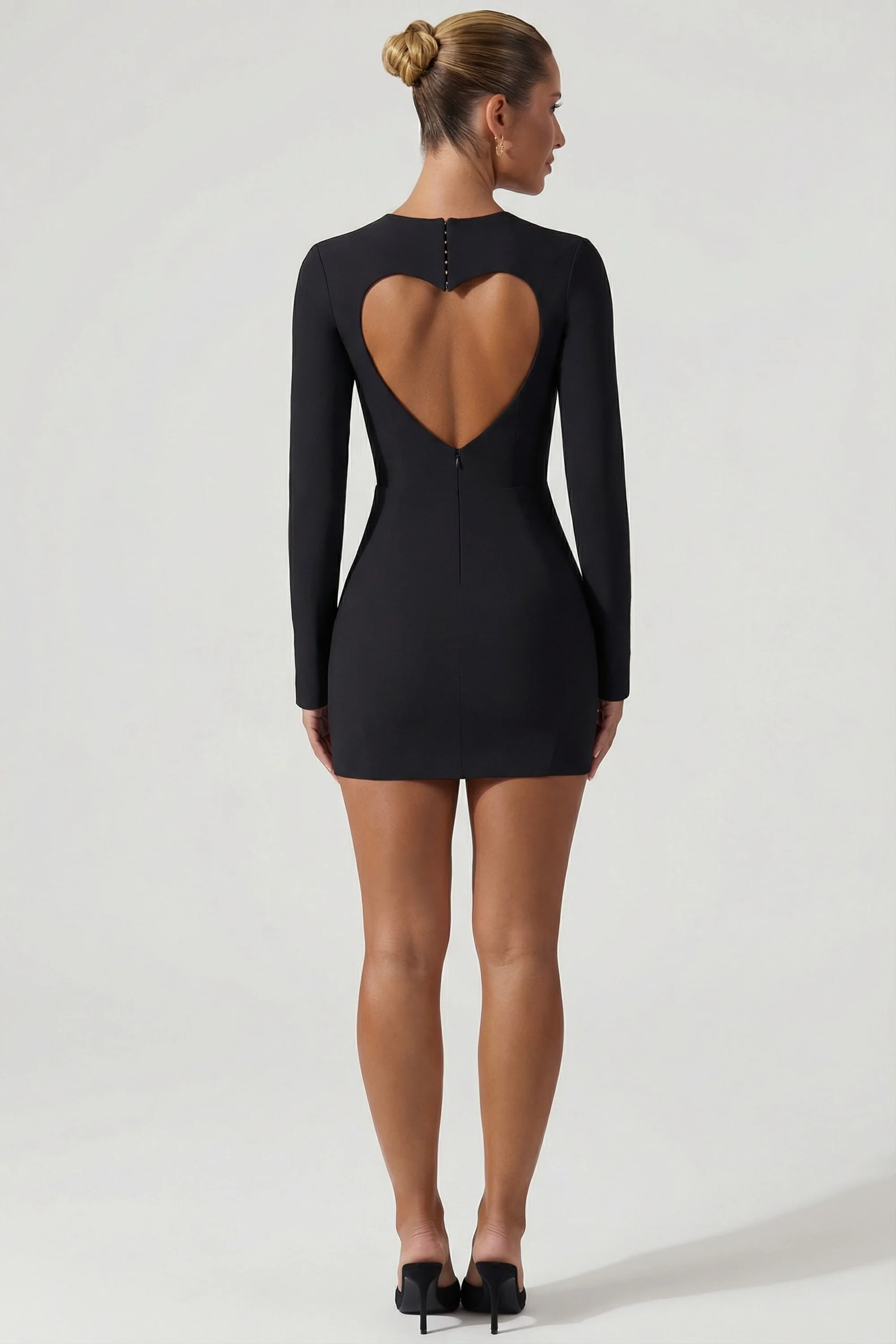 Cut-Out Heart-Detail Bodycon Mini Dress in Black