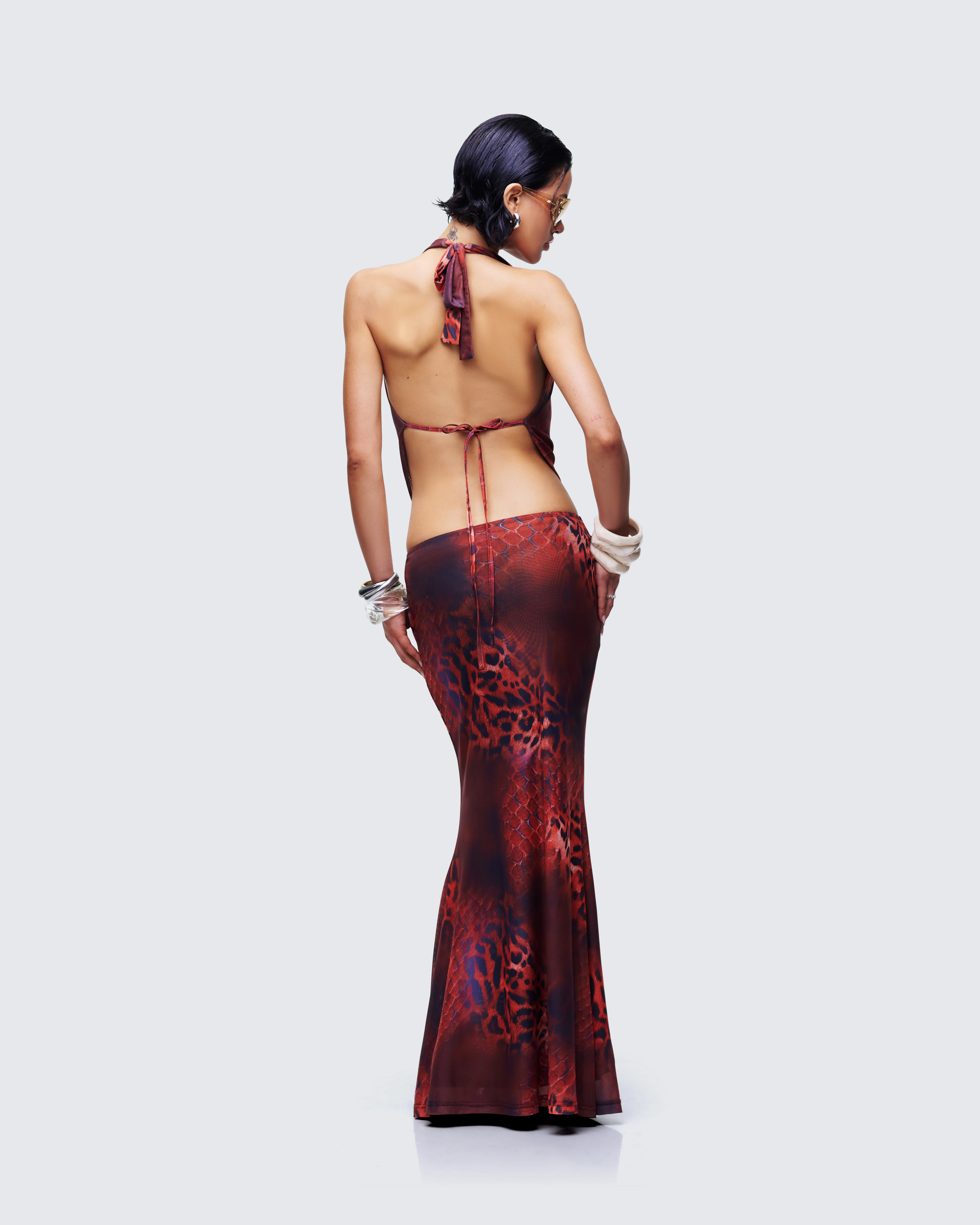 Neeve Red Mesh Bead Trim Maxi Dress