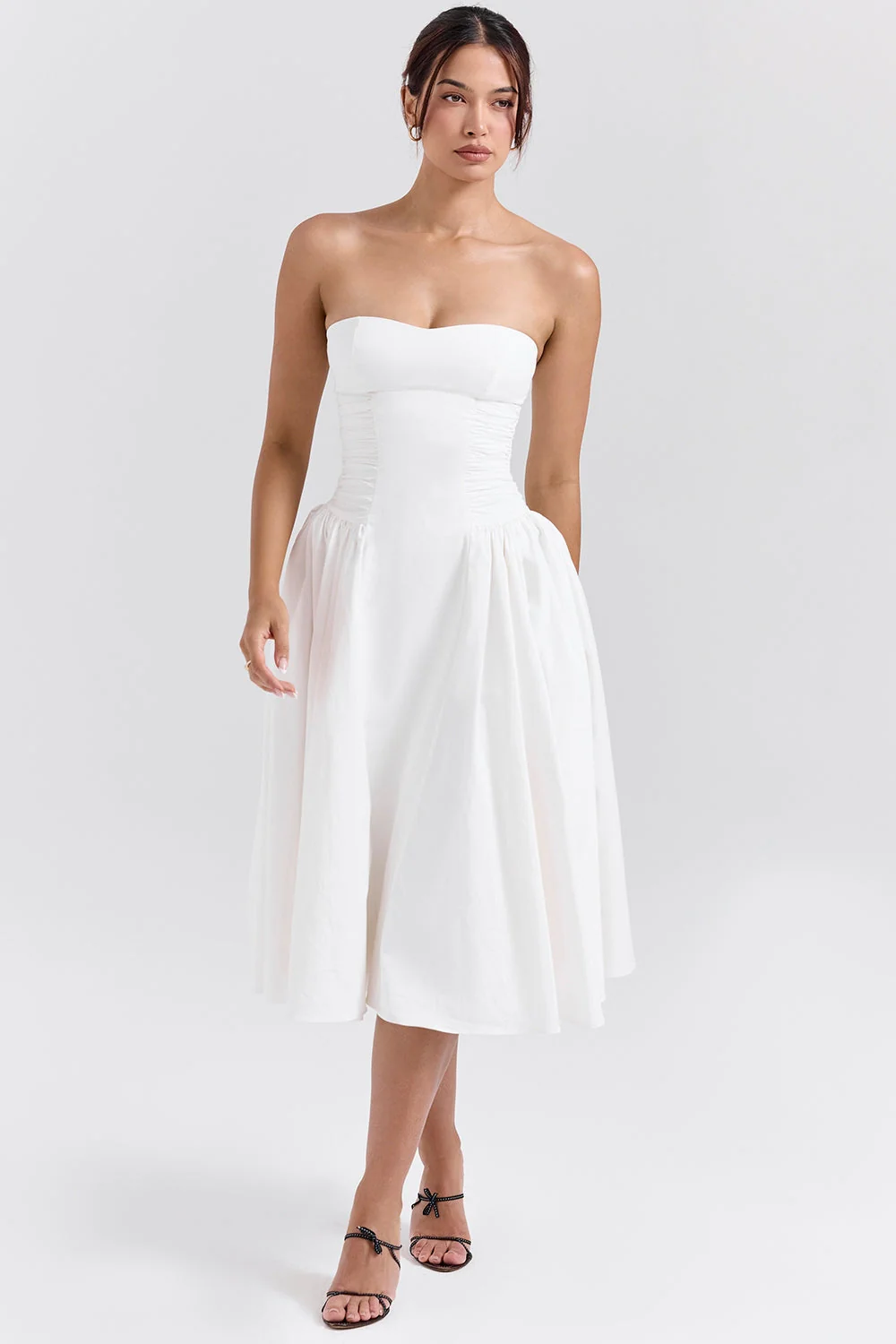 white cotton strapless midi sundress