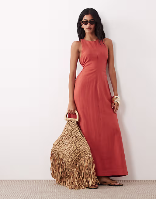 premium 100% linen waisted maxi dress with open back in terracotta