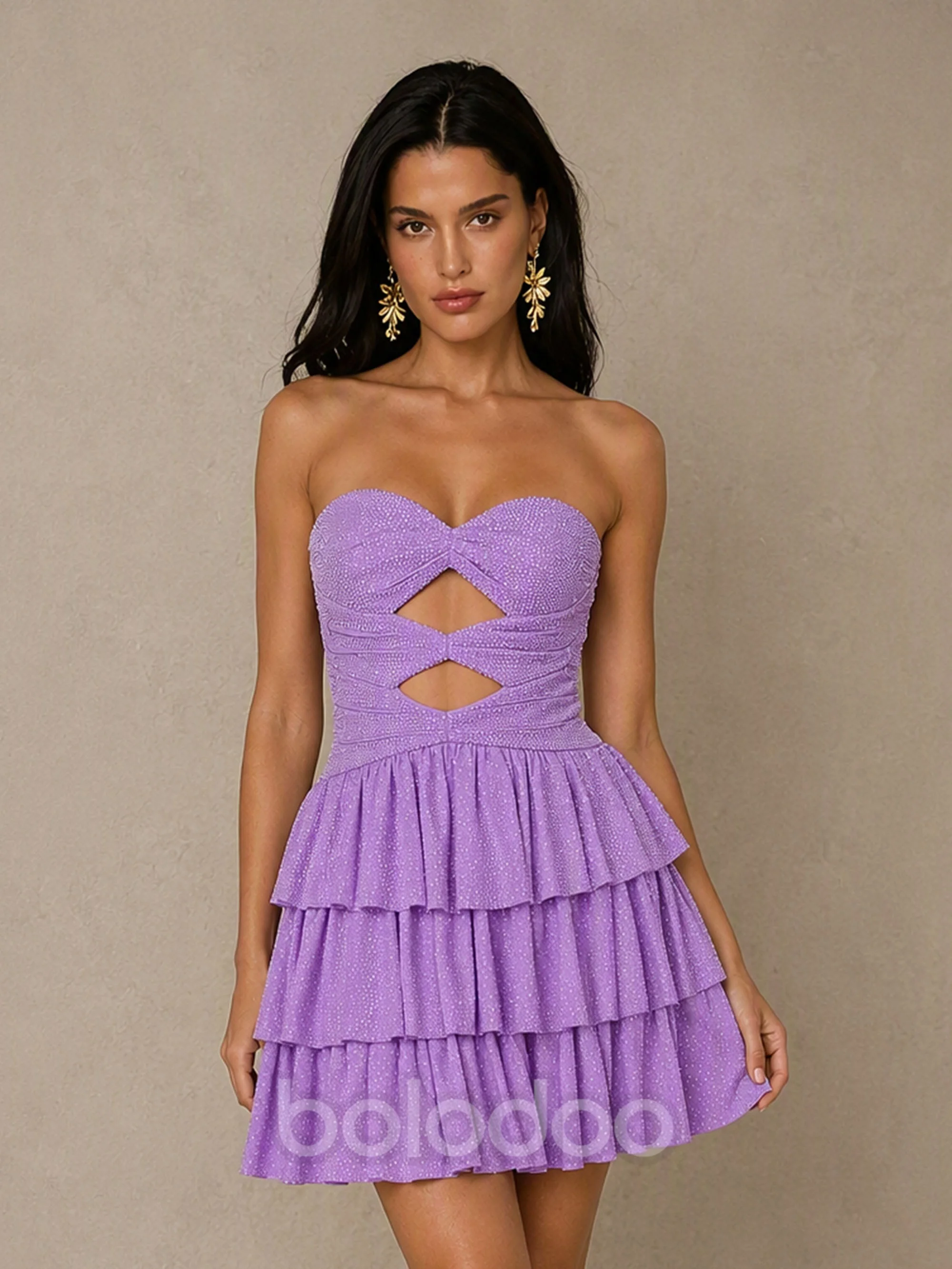 BOLODOO Lavender Strapless Sweetheart Cutout Glitter Tiered Ruffle Mini Dress | Lace-Up Back Corset