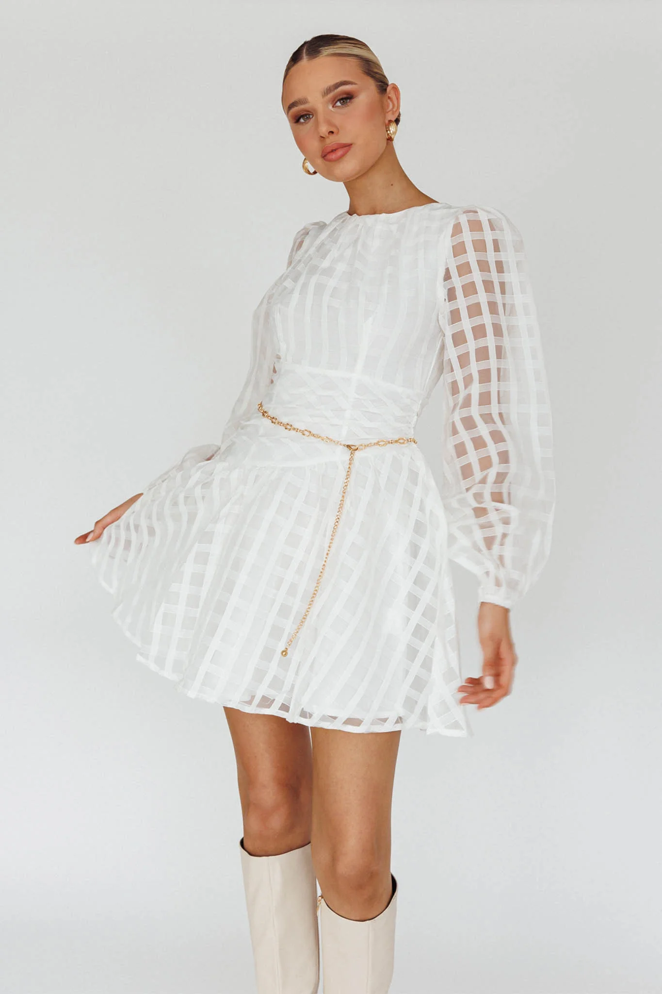 Tatiana Long Sleeve Plaid Mini Dress White