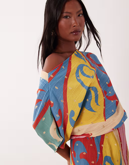 Never Fully Dressed Petite Tilly off shoulder plisse maxi dress in kaleidoscope print