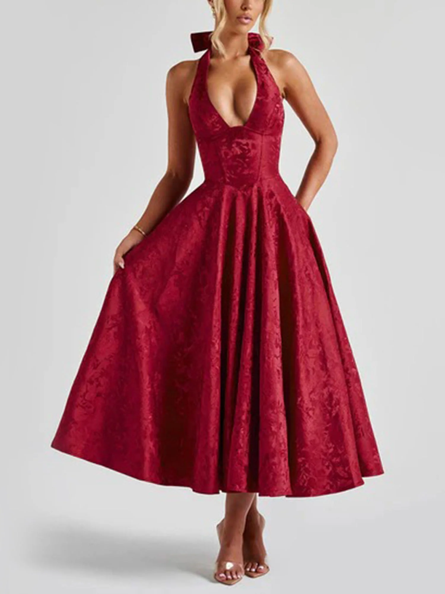 Red Halter Flared Midi Dress