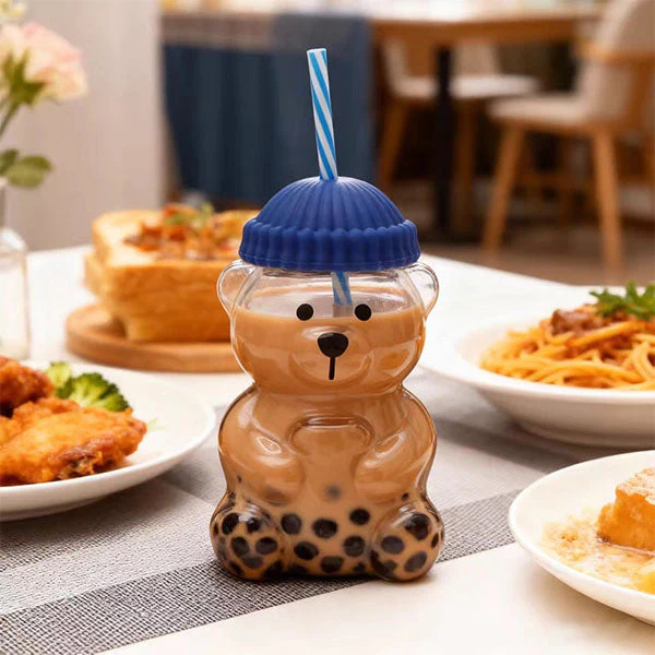 Teddy Bear Shaped 20oz Glass Tumbler w/ Hat Top & Reusable Straw (1pc) Color Ships Assorted