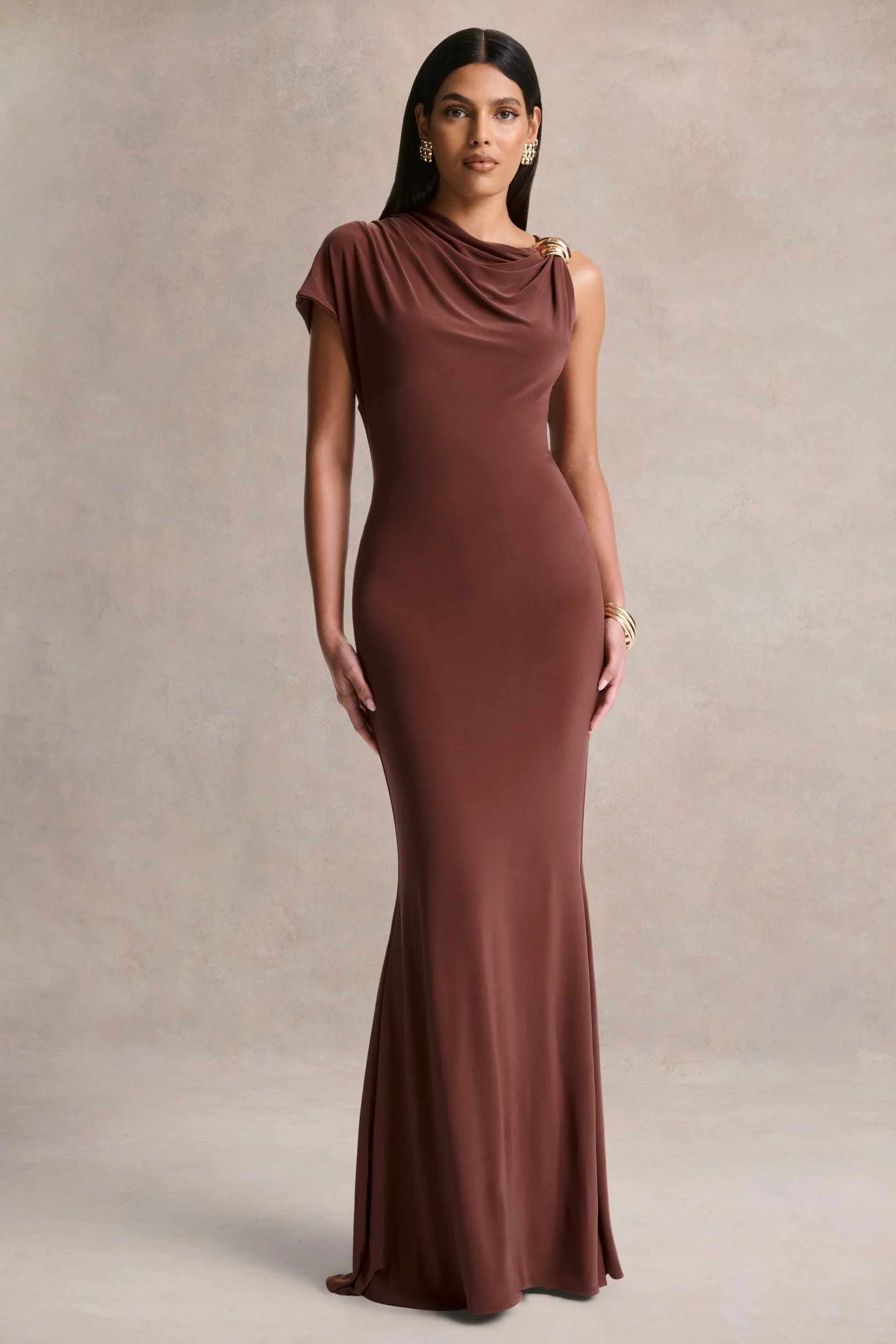 Blaire | Brown Asymmetric-Neck Maxi Dress With Gold-Detailing
