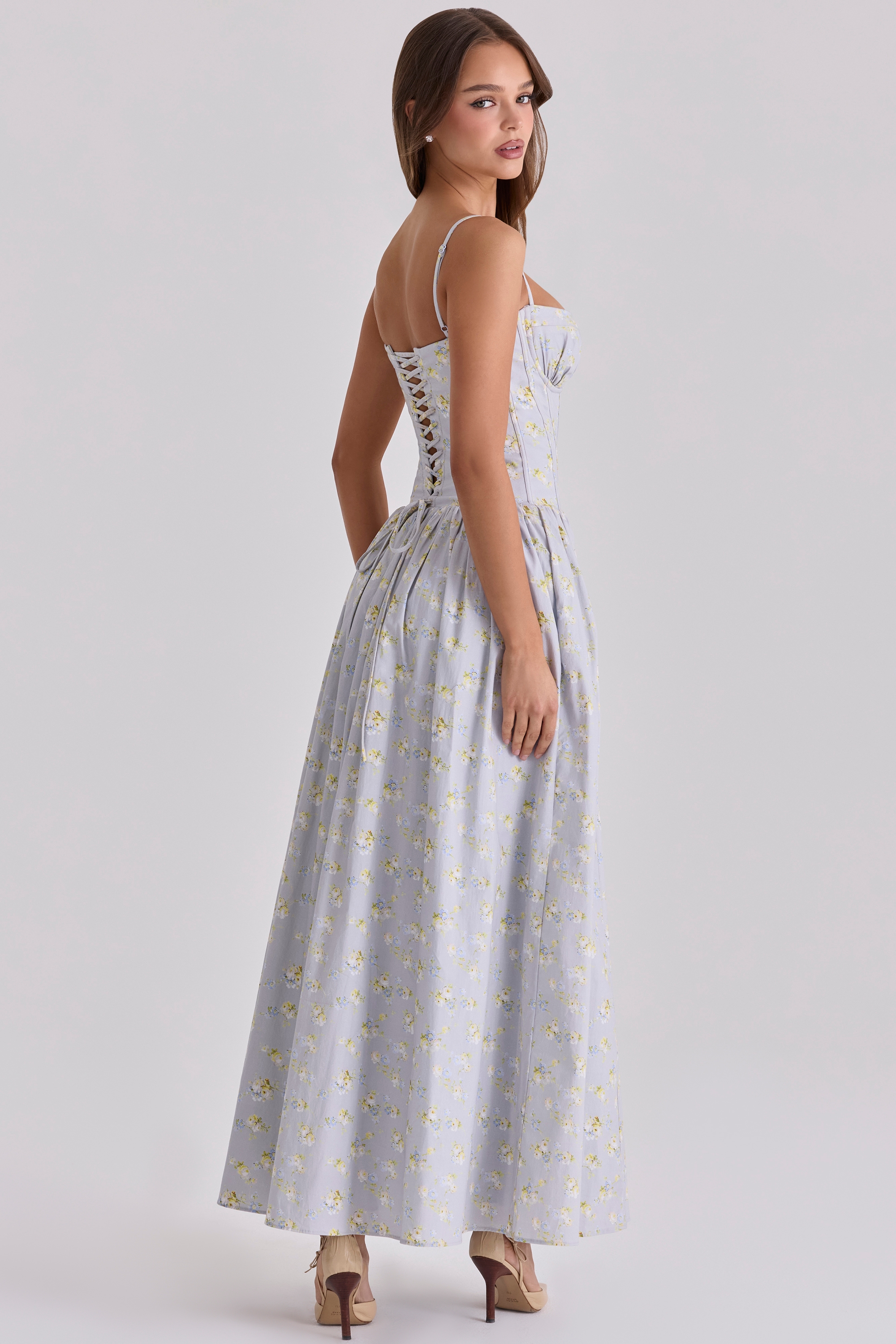 blue wildflower print cotton lace up maxi dress