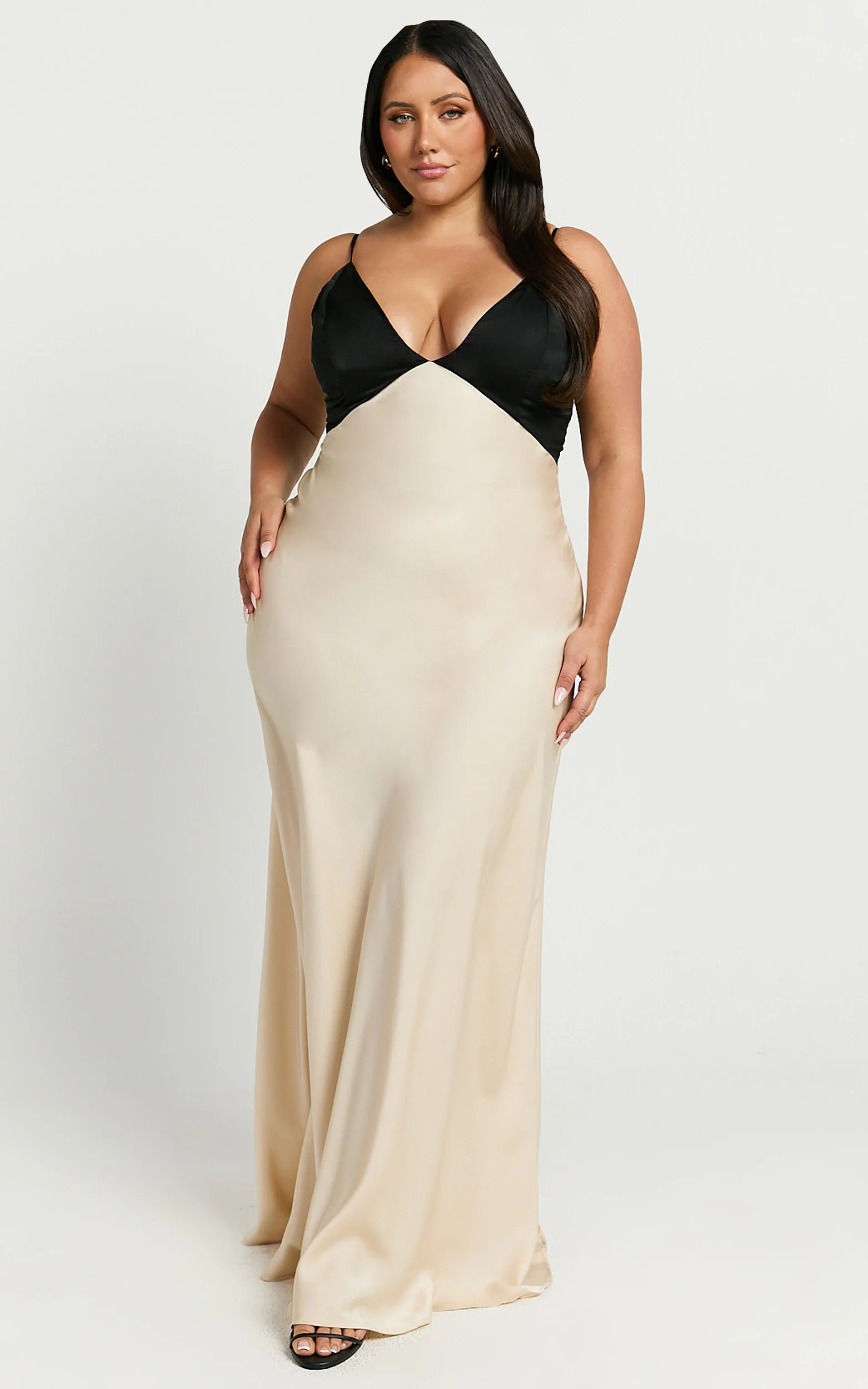 Quincy Maxi Dress - Satin Slip Dress in Black/Champagne
