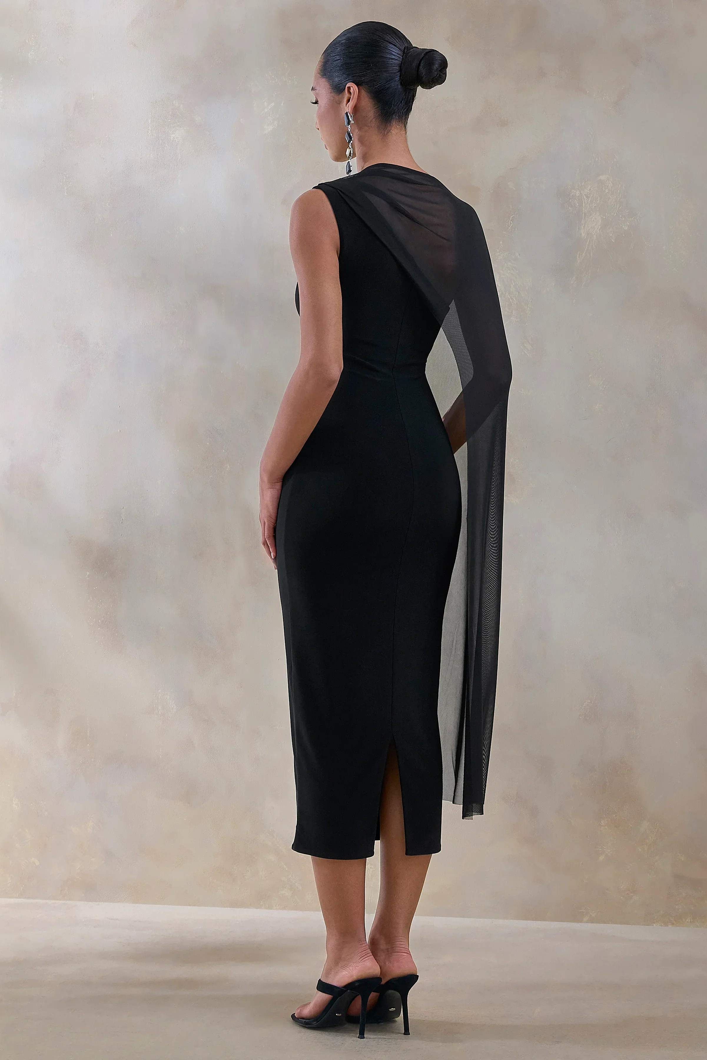 Caloria | Black Asymmetric-Neck Midi Dress With Mesh-Cape