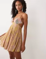 embellished bust cami cut out mini dress in yellow paisley print