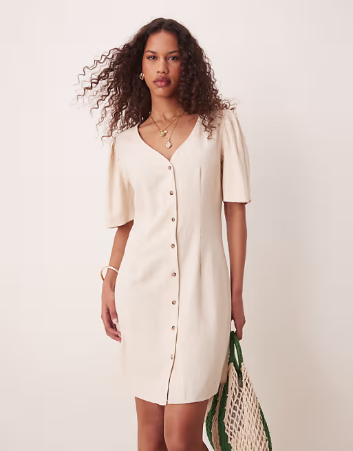 JDY linen mix midi shirt dress in beige