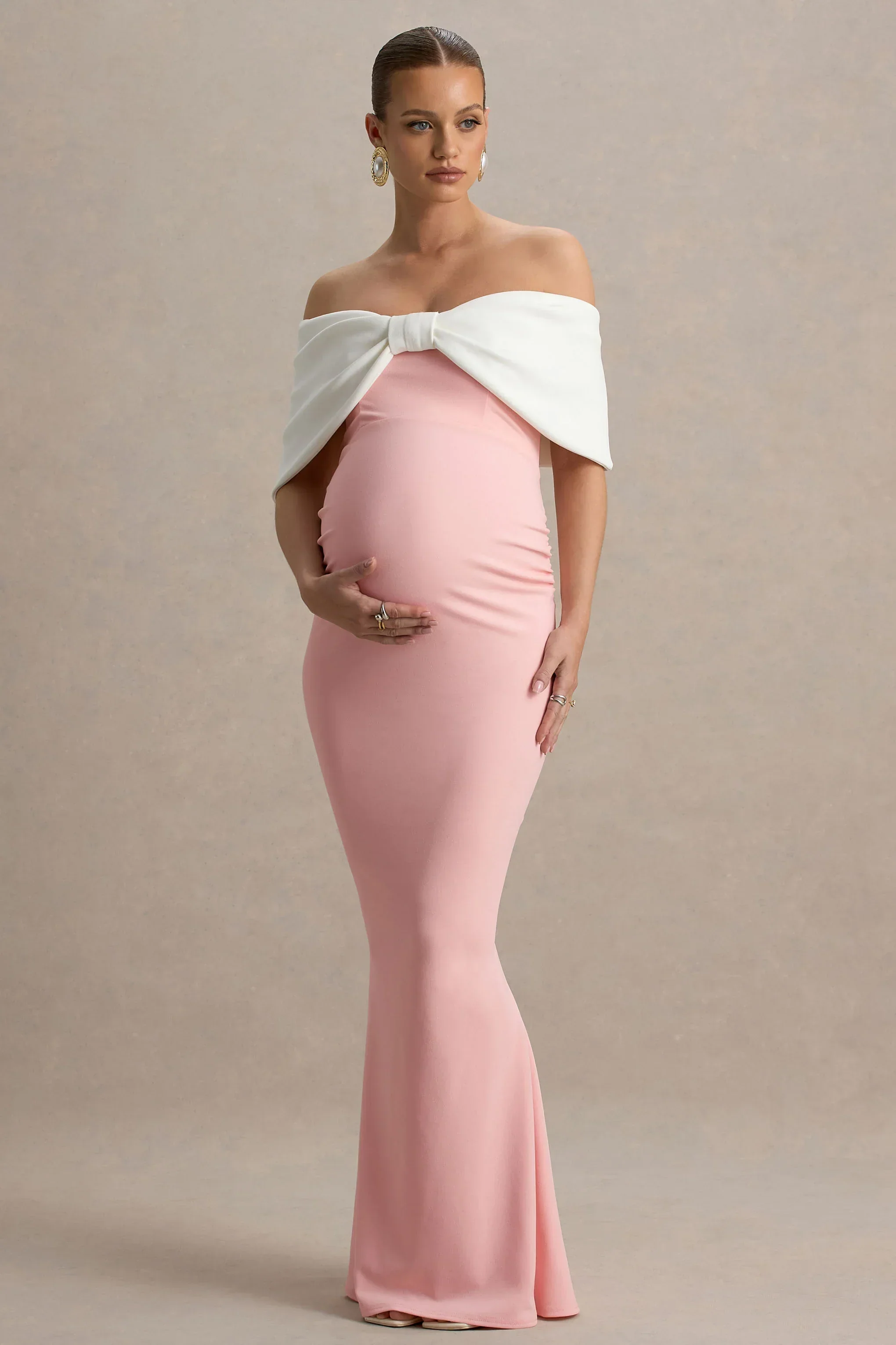 Libra | Pink & White Bow Bardot Maternity Maxi Dress