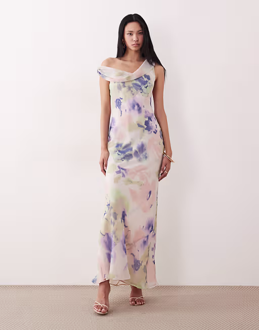 Tall fallen twist shoulder chiffon midi dress in abstract print
