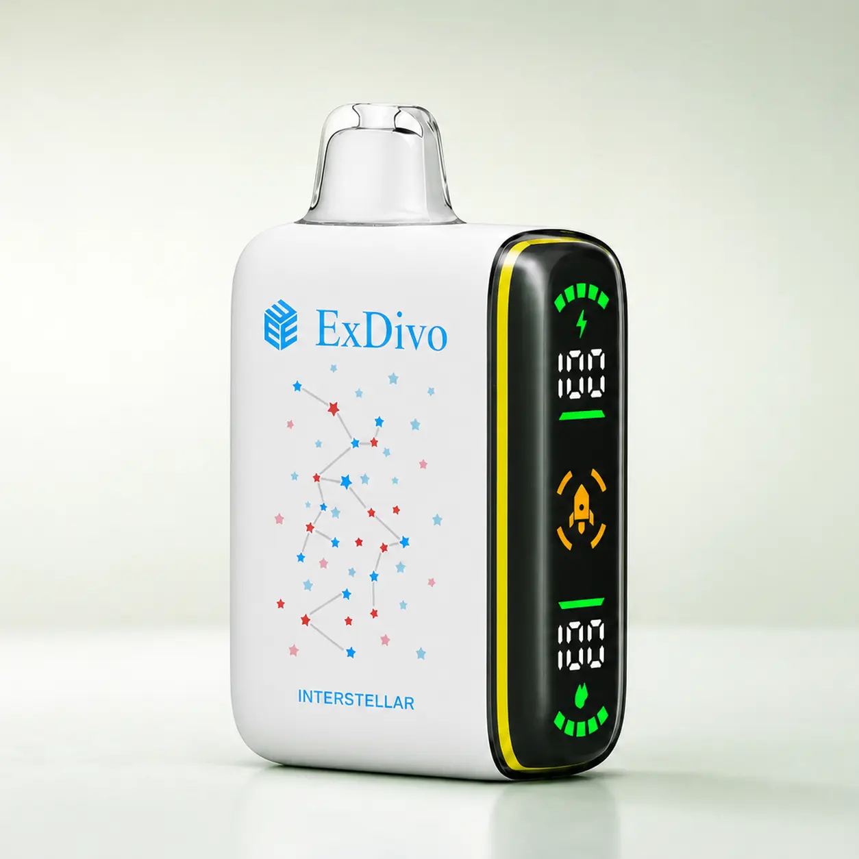 White ExDivo INTERSTELLAR 35K disposable vape with side display