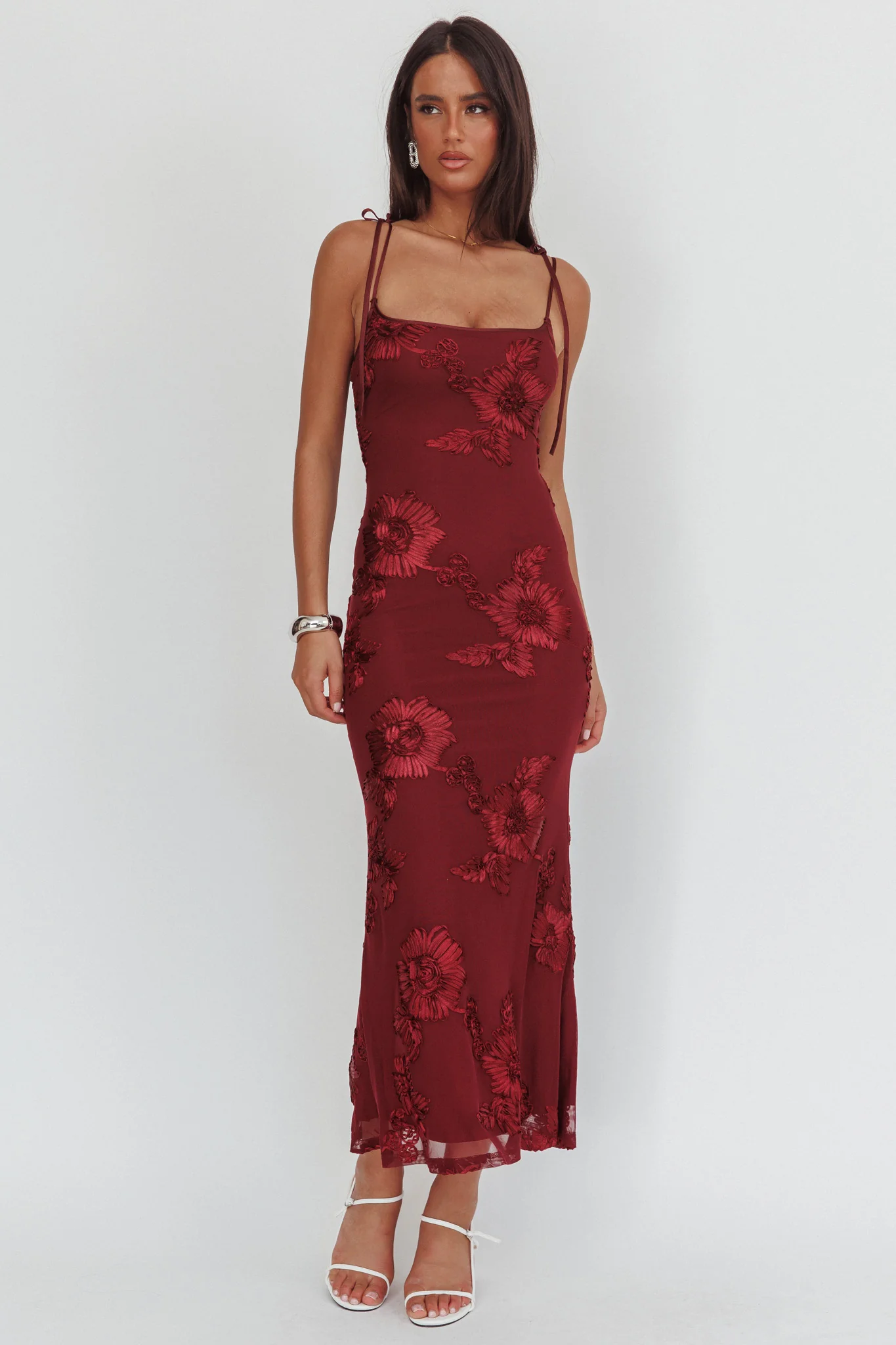 Kaela Tied Shoulder Maxi Dress Embellished Wine