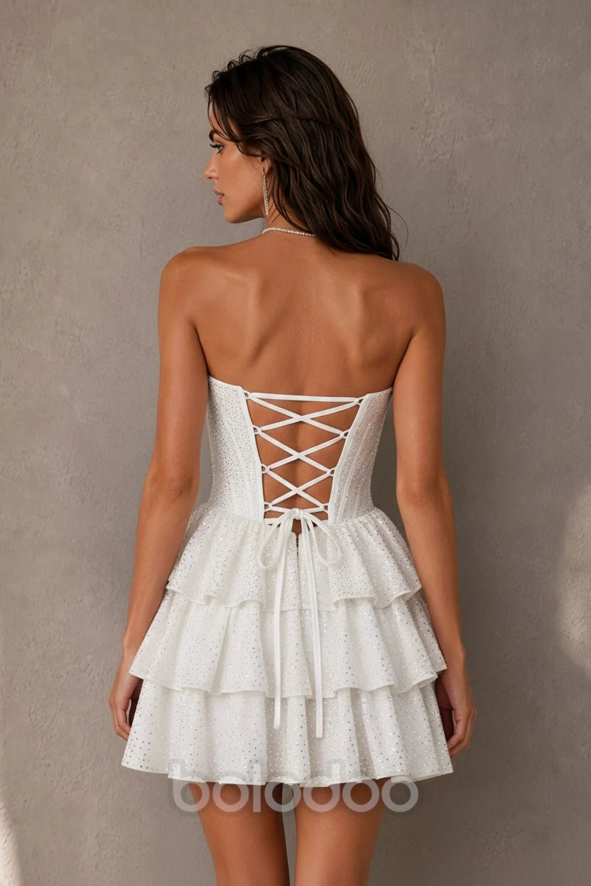 BOLODOO White Rhinestone Strapless Corset Tiered Ruffle Lace-Up Back Homecoming Mini Dress | Prom & Party