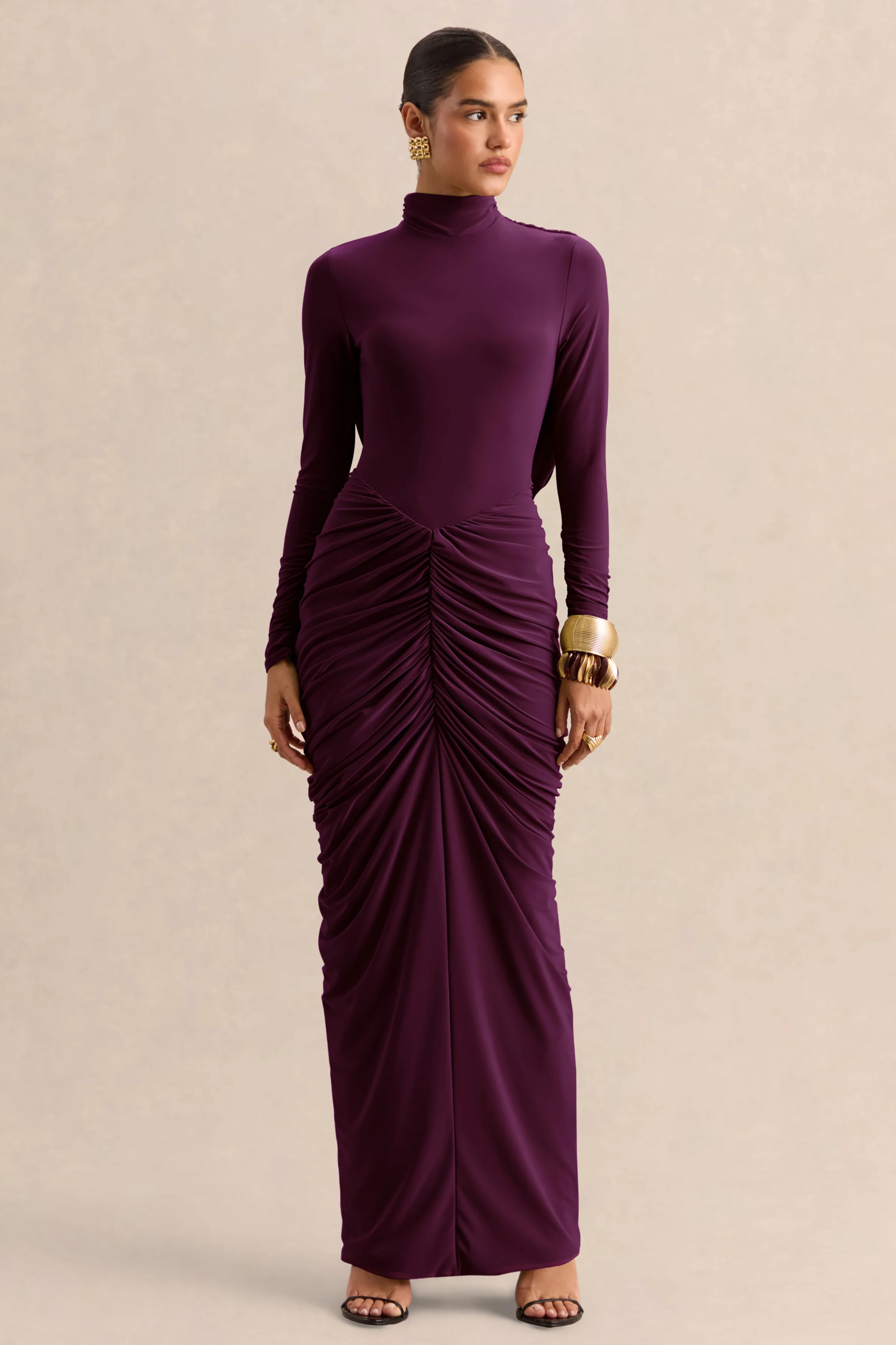 Harmona | Dark Plum High-Neck Maxi Dress With Gathered And Draped-Detailing