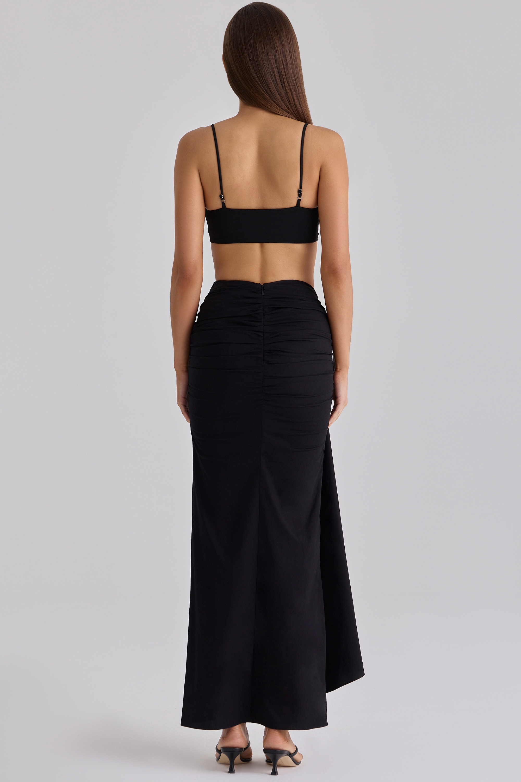 Black Draped Cotton Midi Skirt