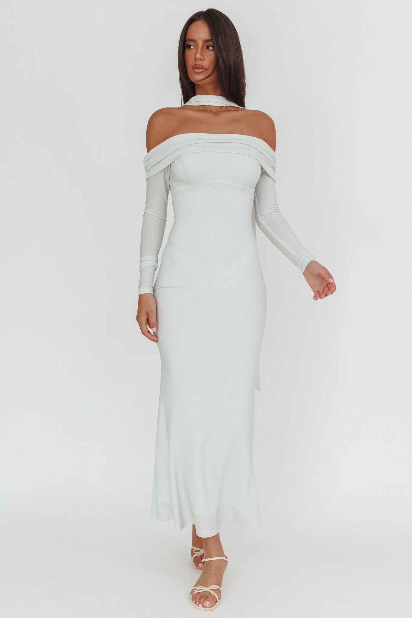 Flutters Off-Shoulder Long Sleeve Maxi Dress White