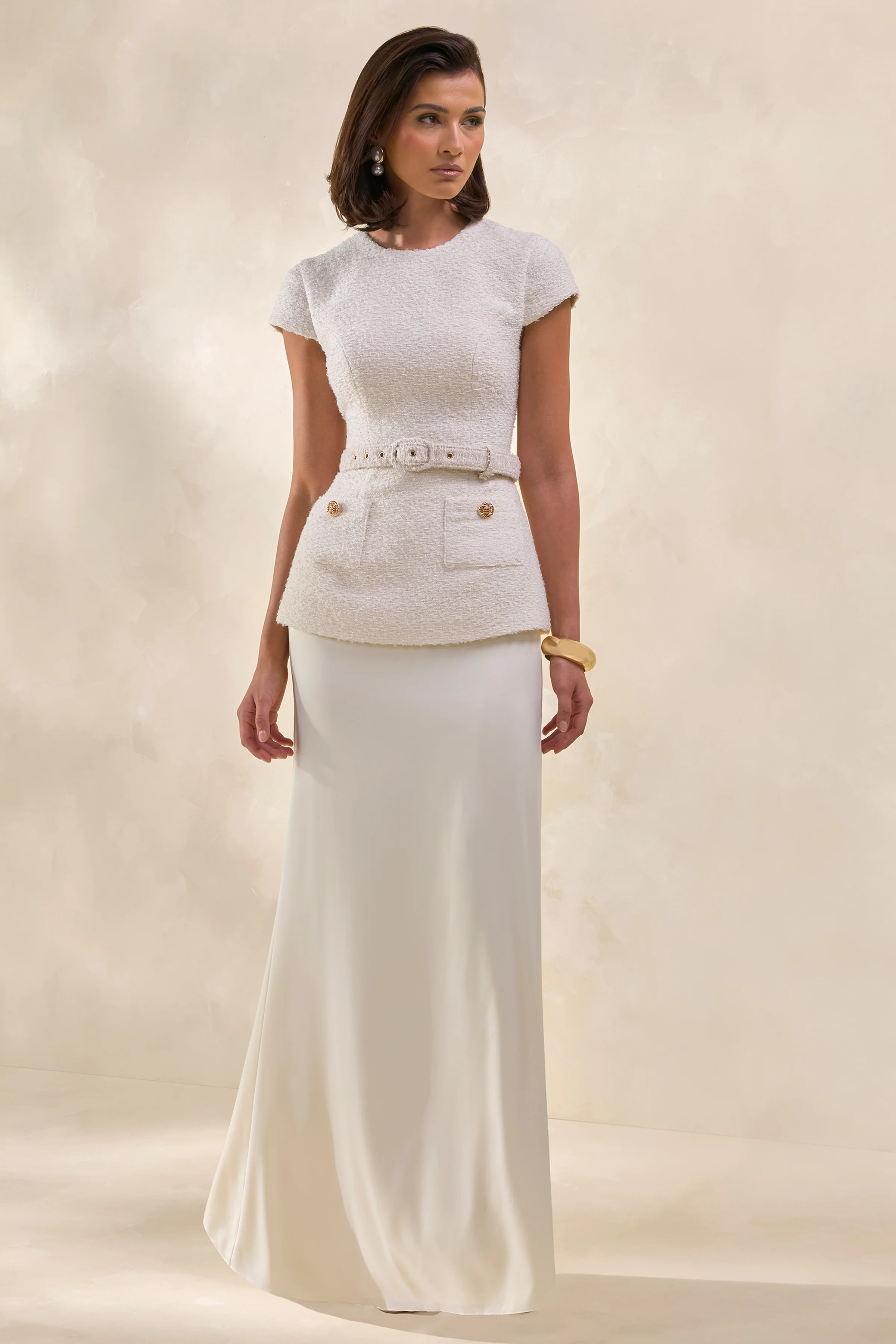 Whispera | Cream Crew-Neck Maxi Dress With Satin Skirt And Pocket-Details