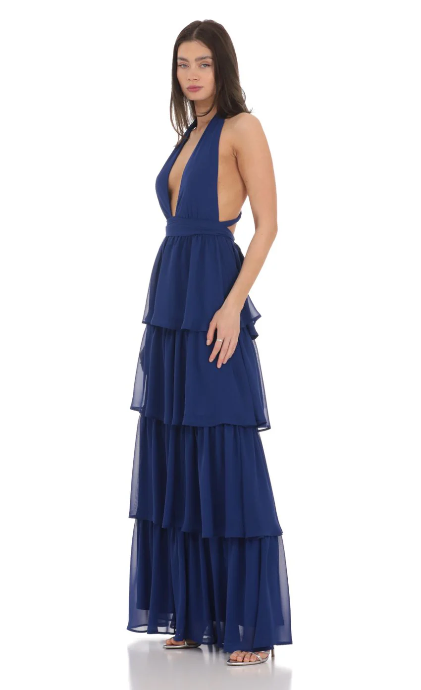 Chiffon Plunge Ruffle Dress in Blue - luluinthesky