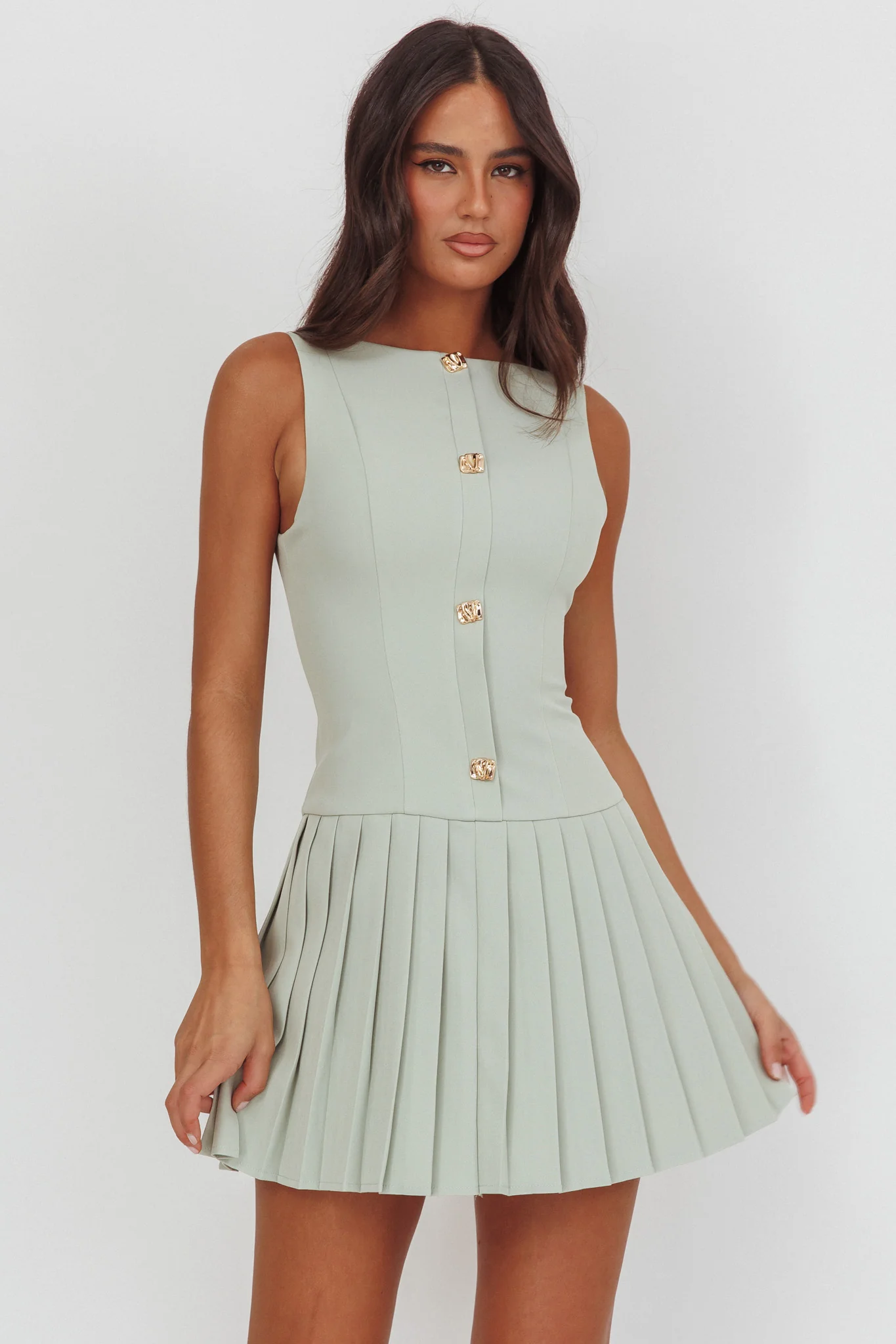 Opulent Pleat Skirt Button Mini Dress Sage