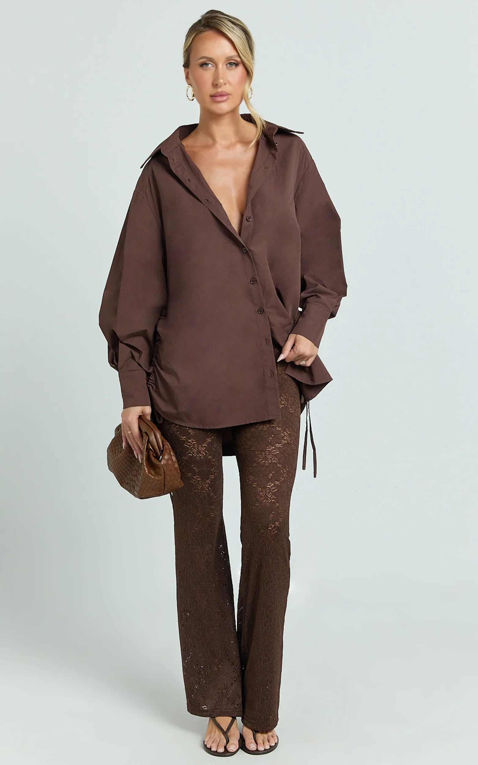 Kalpena Shirt - Ruched Side Oversized Shirt in Chocolate