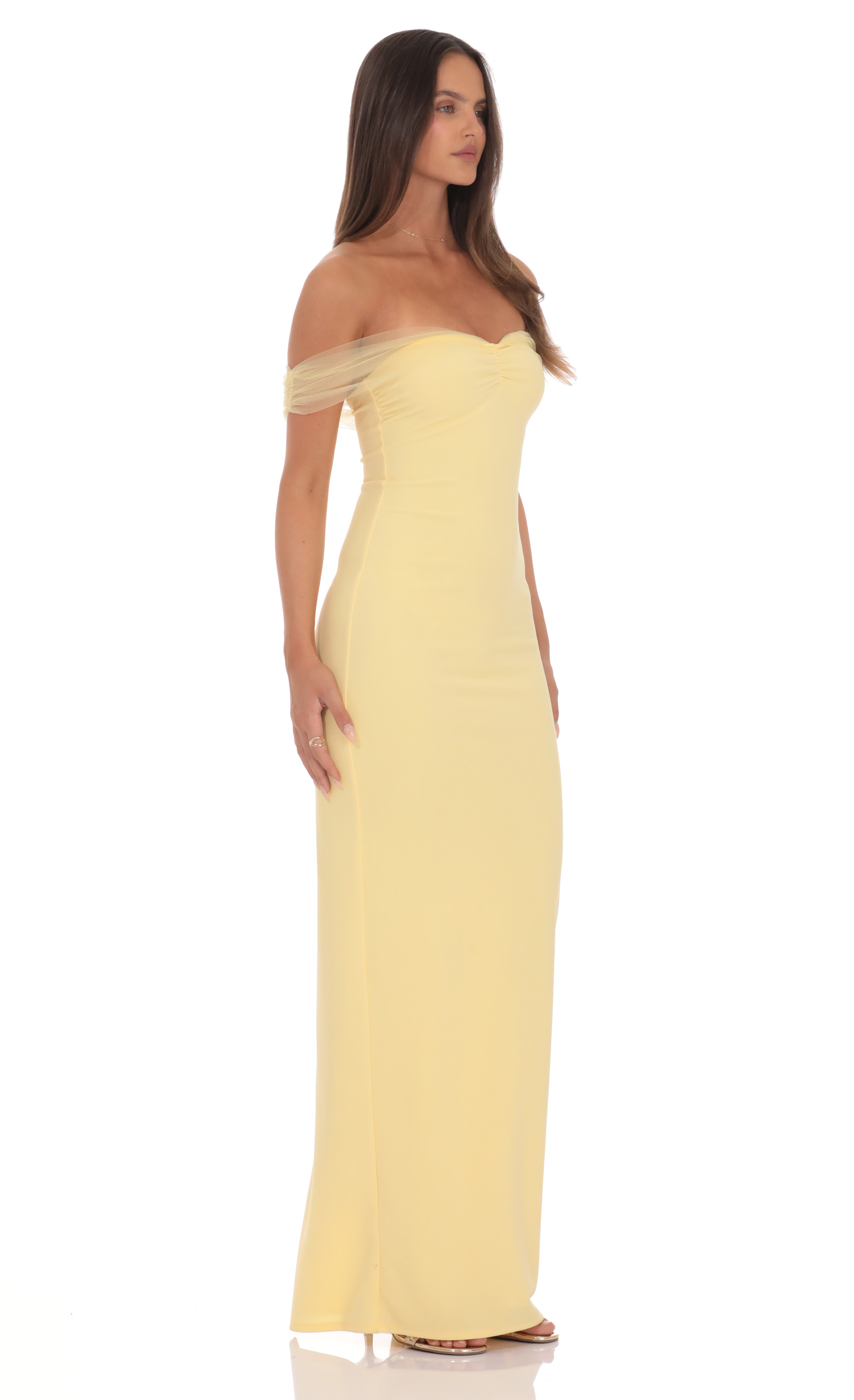 Tulle Off Shoulder Sleeve Maxi Dress in Yellow - luluinthesky