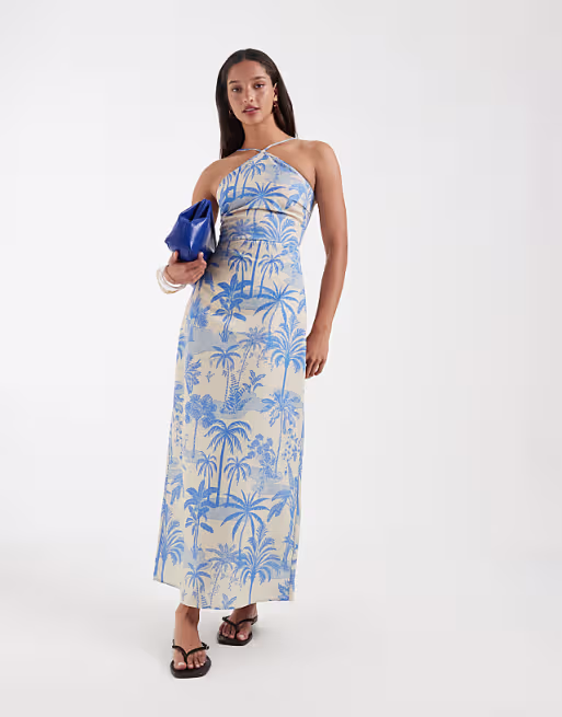 Vero Moda halter maxi dress in conversational palm print