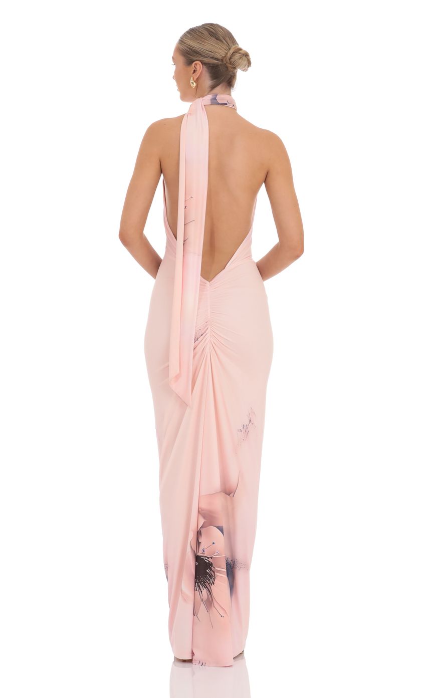 Mesh Floral Scarf Strap Maxi Dress in Pink