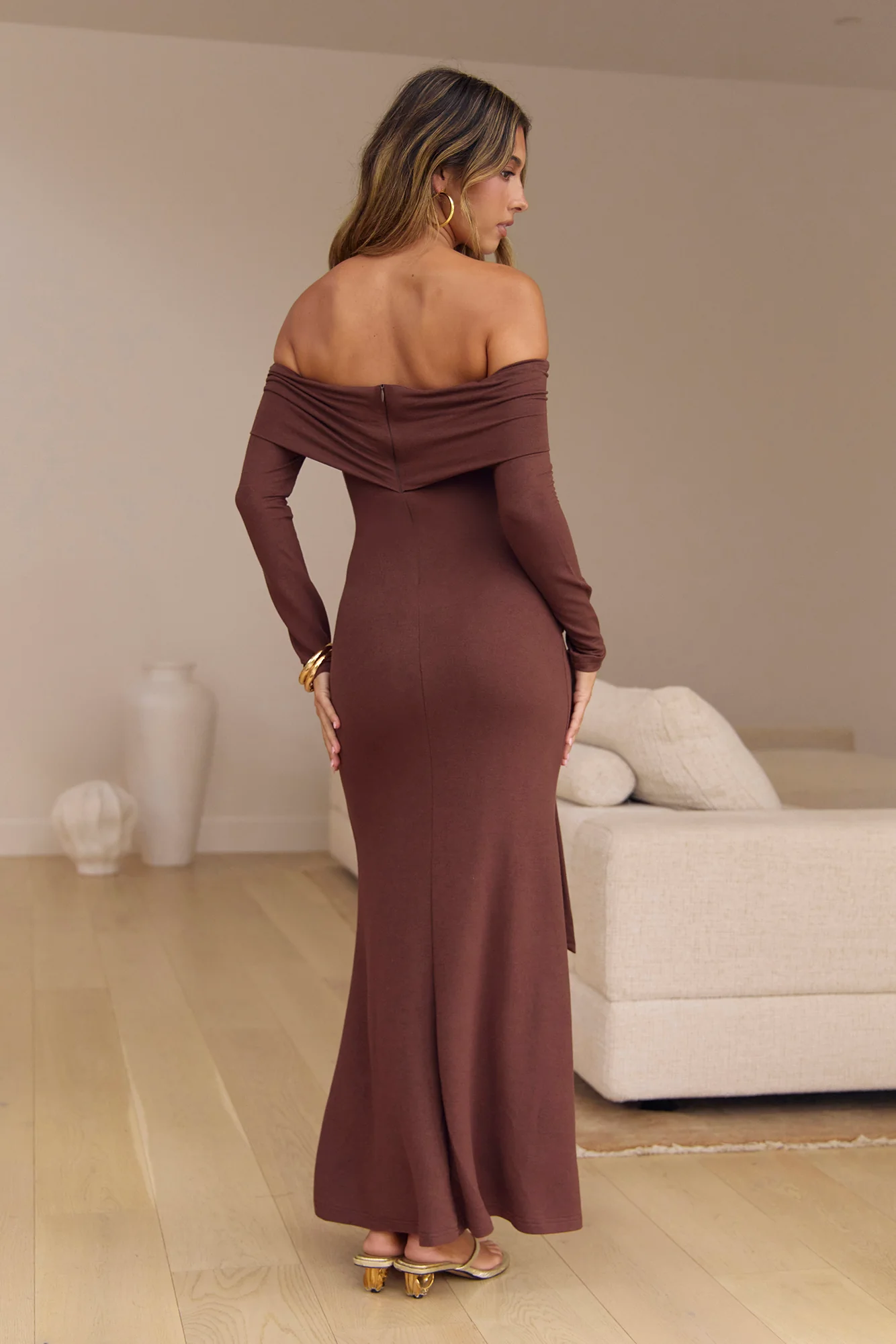 The Getaway Edit Off Shoulder Maxi Dress Chocolate