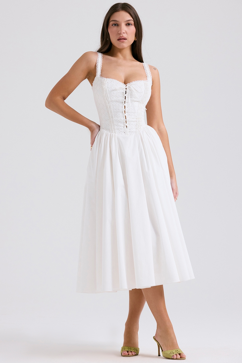 White Broderie Anglais &Amp; Cotton Midi Dress