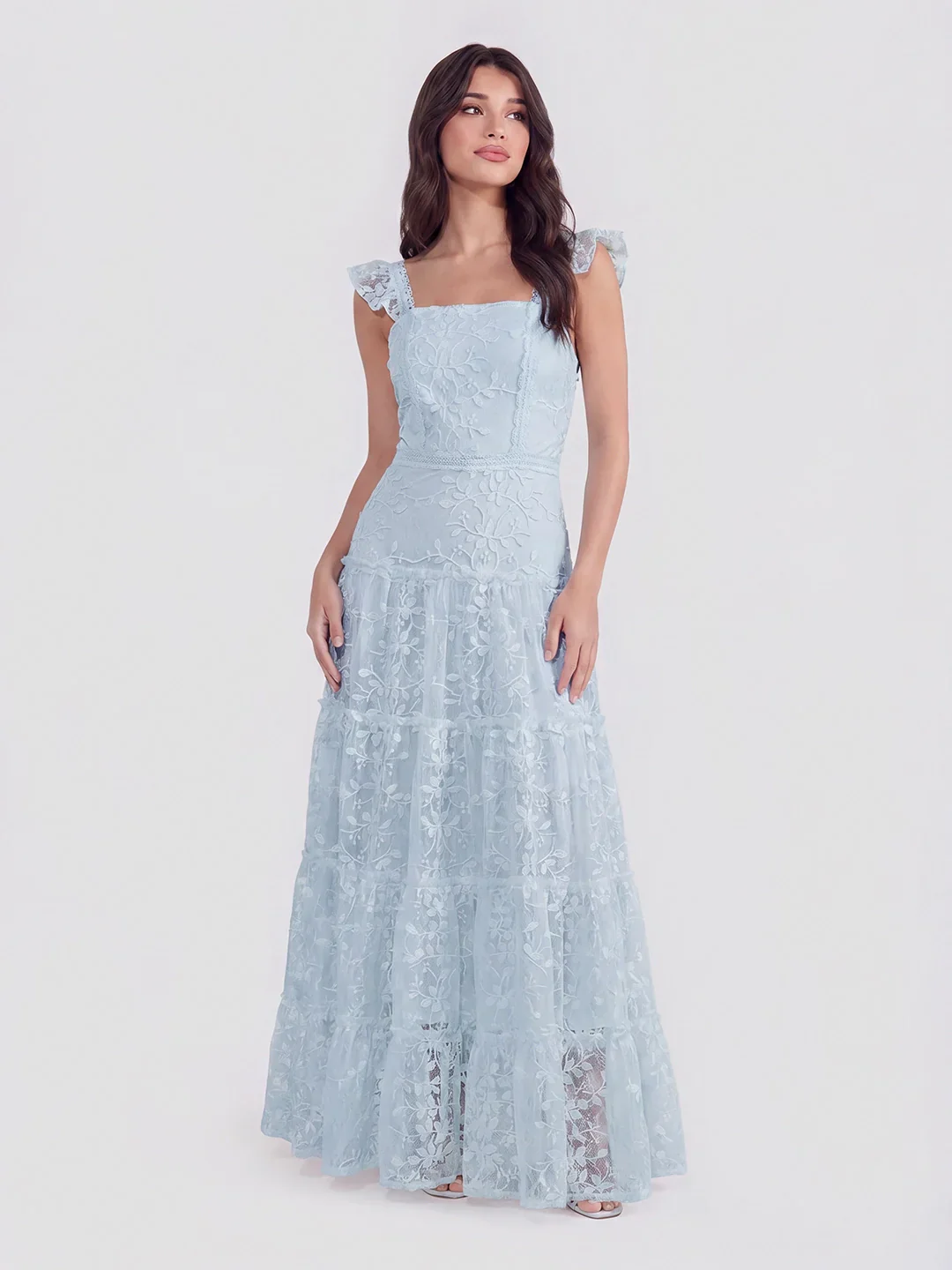 Tiered Vertical Lace Maxi Dress with Square Neckline