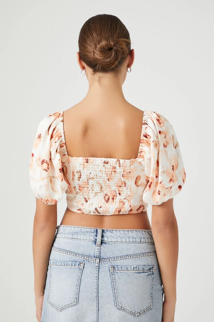 Satin Floral Puff-Sleeve Crop Top