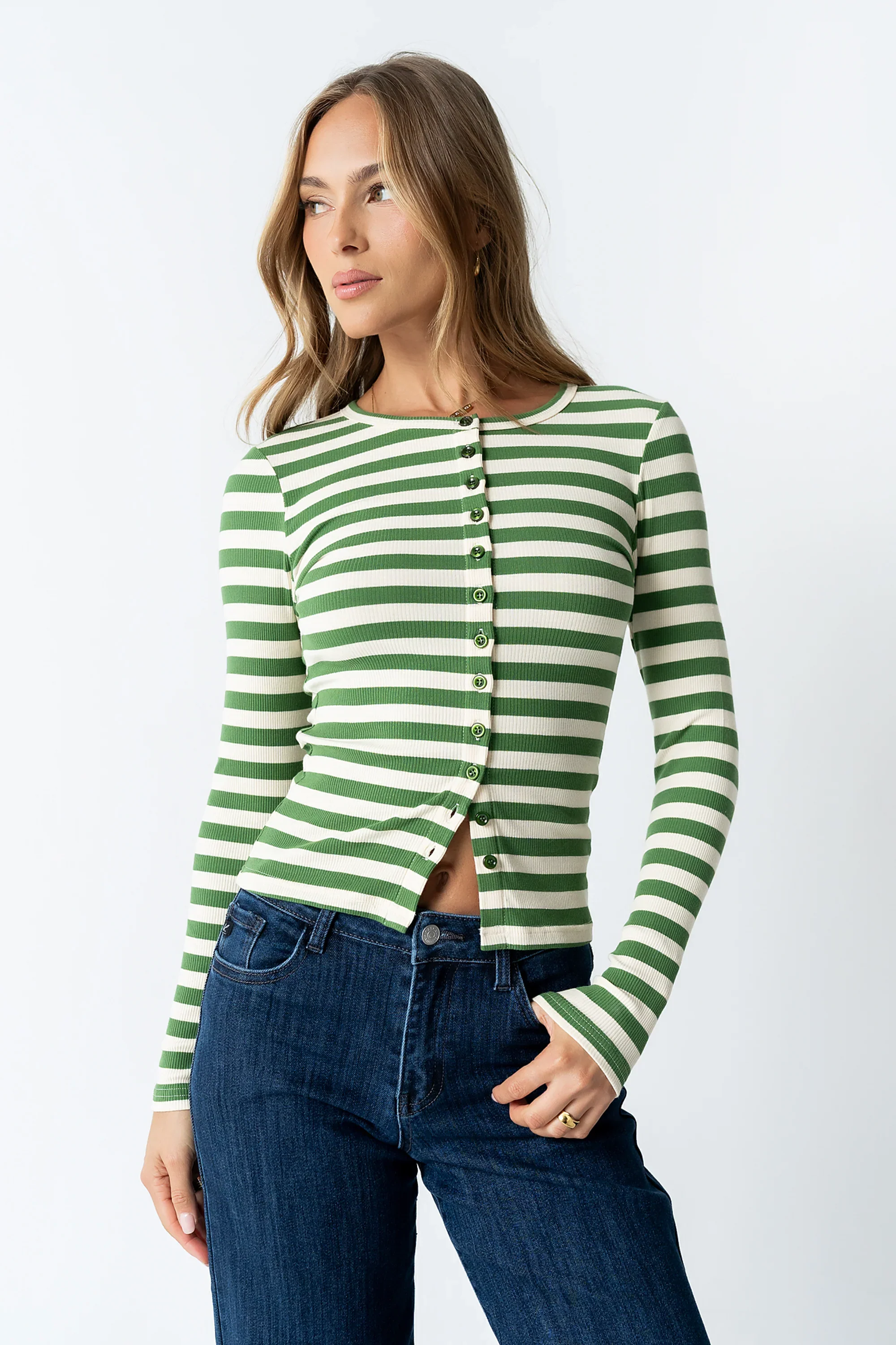 Mia Button Up Top in Striped Green