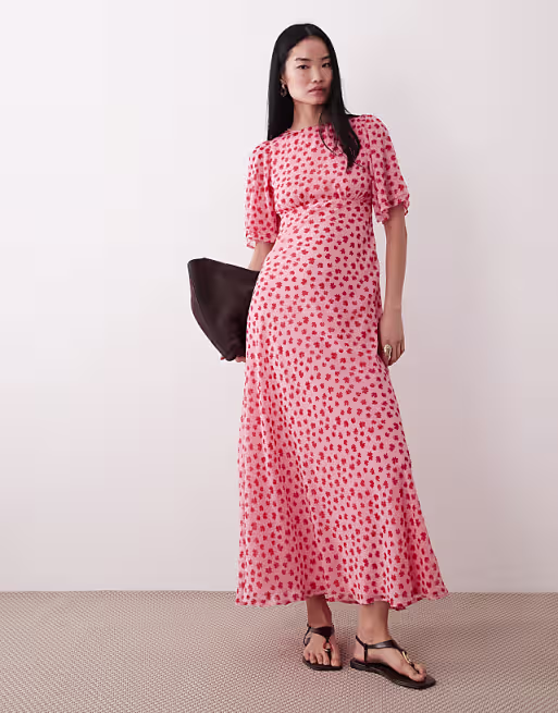 Wednesday's Girl floral print high neck ruffle sleeve maxi dress in pink