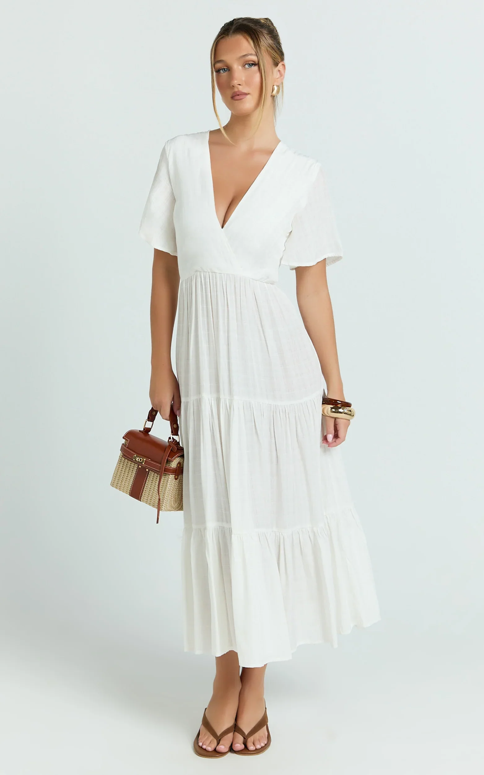 Cryzel Midi Dress - Flutter Sleeve Tiered Dress in White