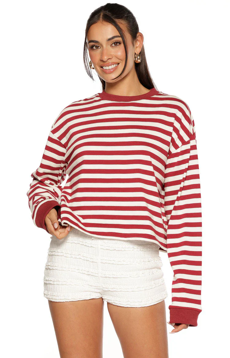 So Breezy Burgundy Stripe Long Sleeve Top