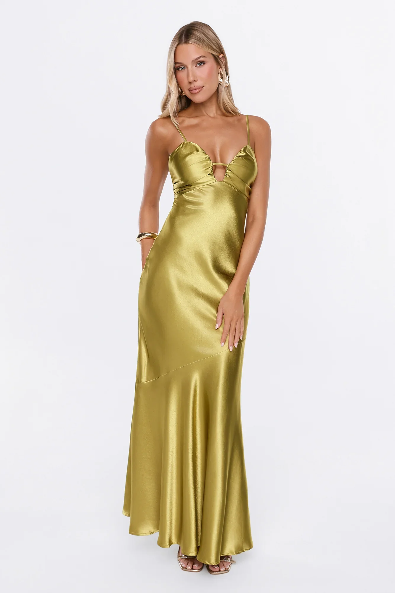 She Gets It Satin Maxi Dress Olive