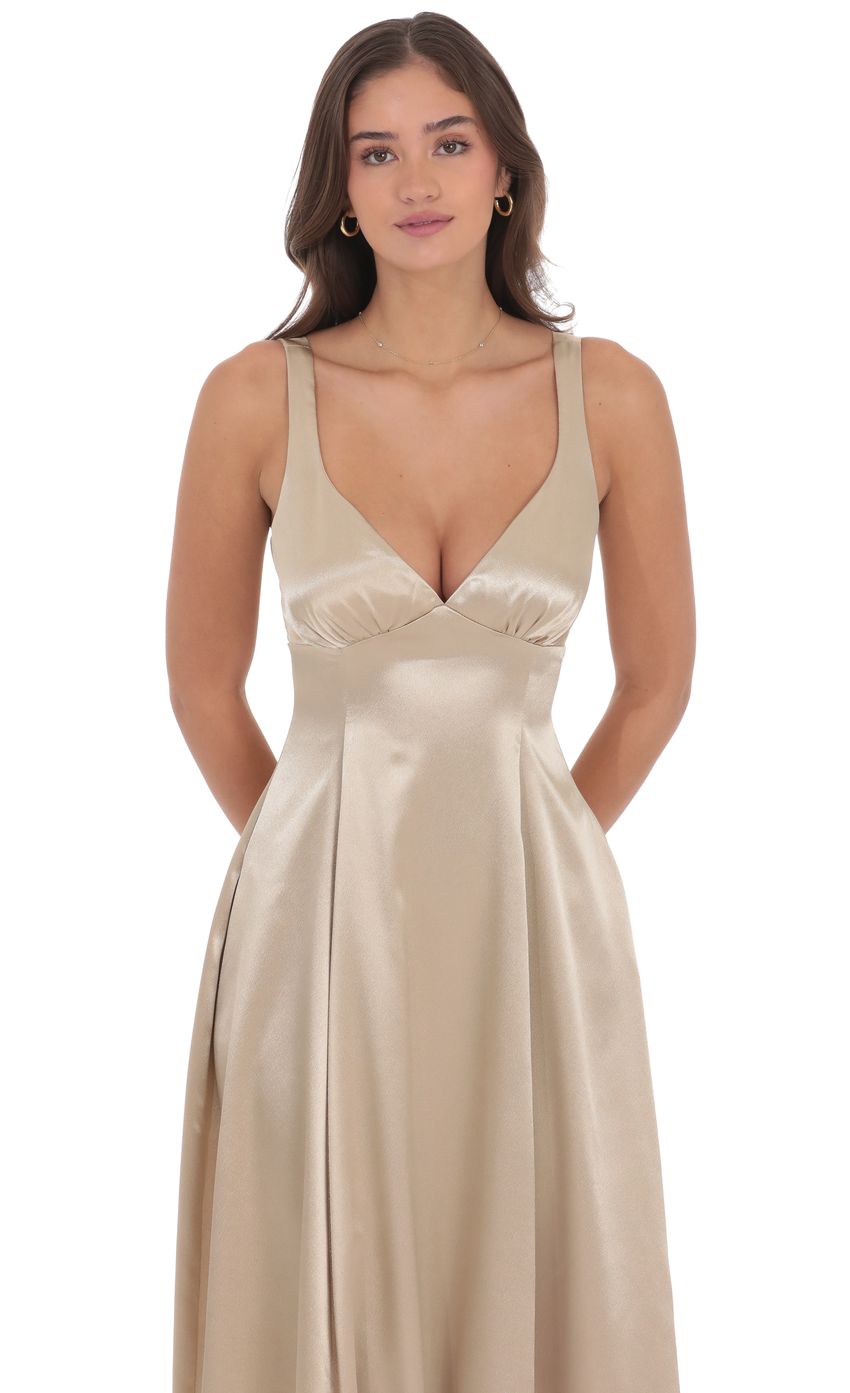 Satin V-Neck Fit and Flare Maxi Dress in Gold - FASHION NOB