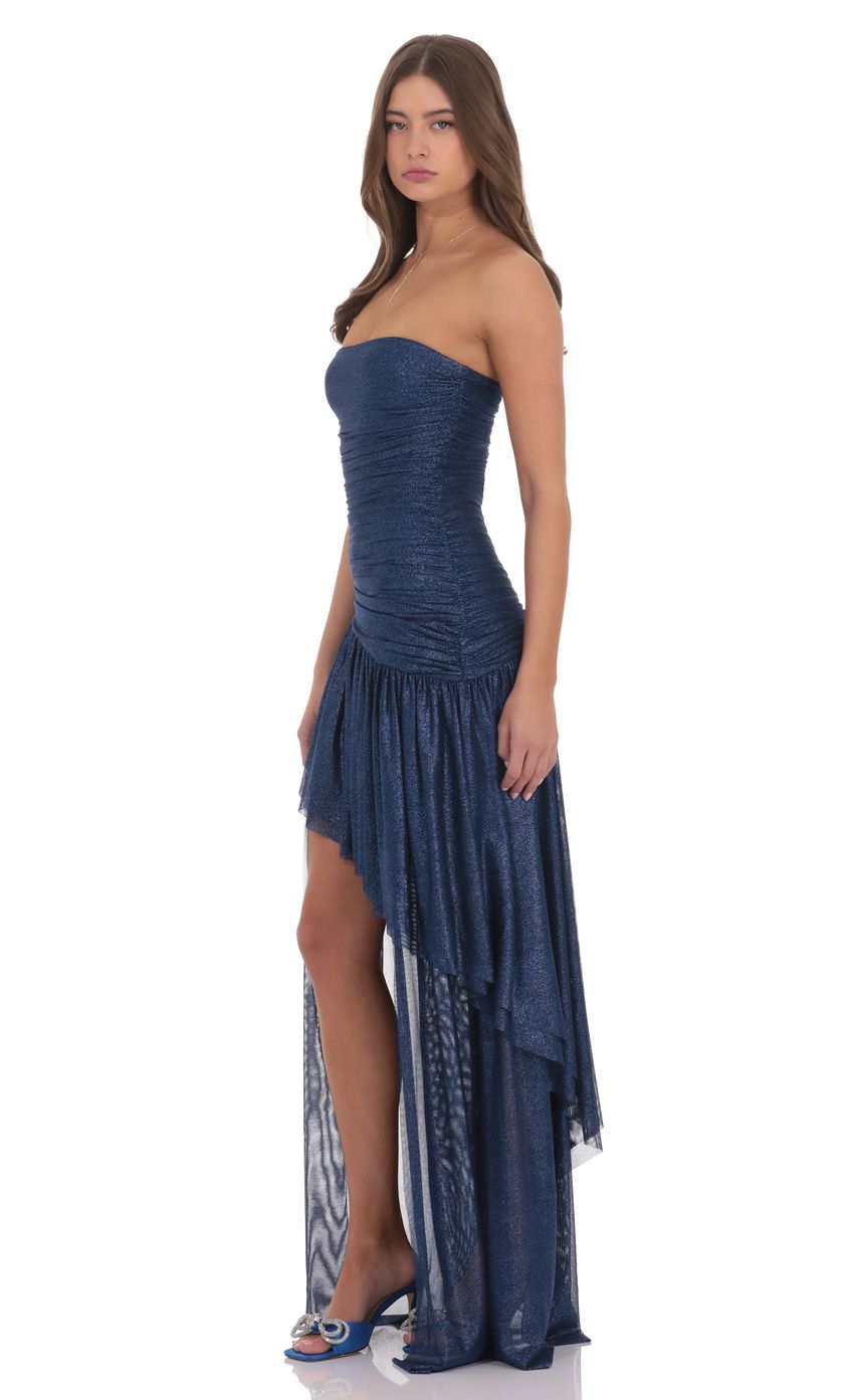 Foil Mesh Asymmetrical High Low Maxi Dress in Navy