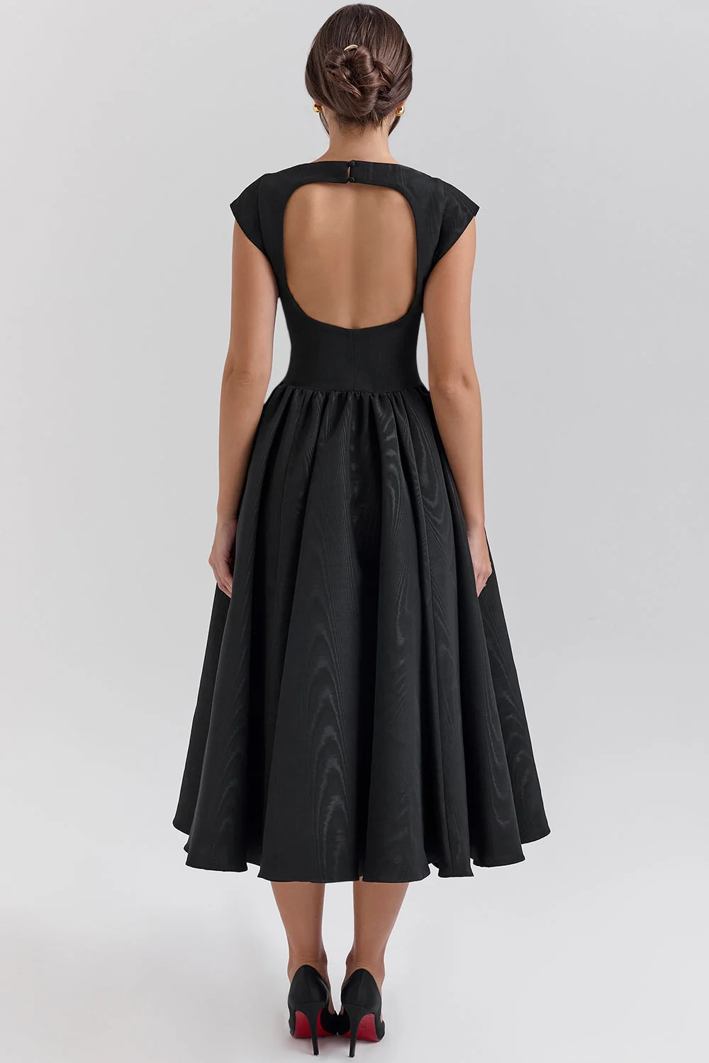 black moire satin backless midi dress