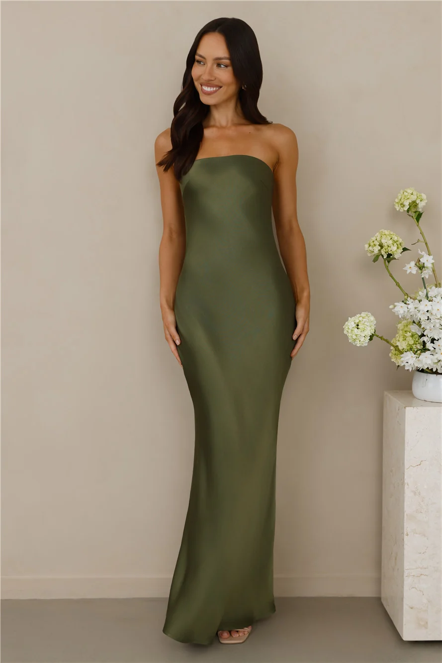 The Felicity Strapless Satin Maxi Dress Olive