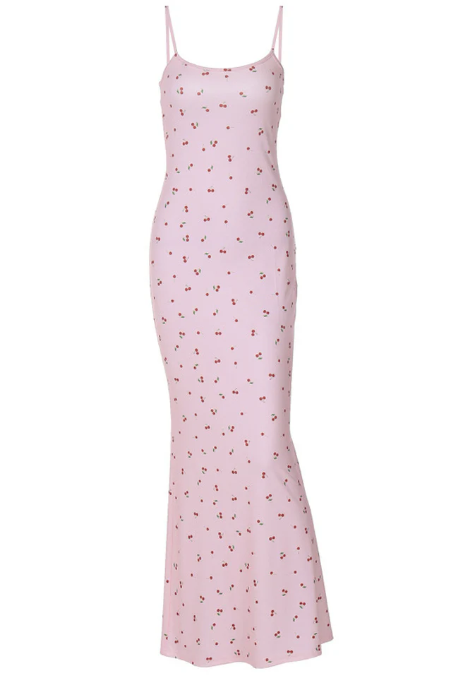Cherry Print Spaghetti Strap Mermaid Dress