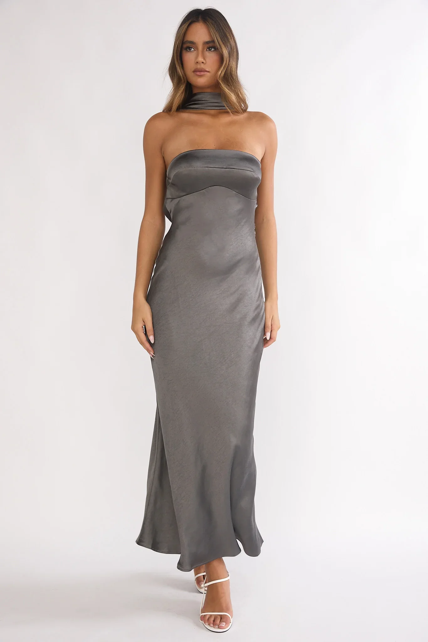 Damsel Reverse Halter Maxi Dress Satin Charcoal