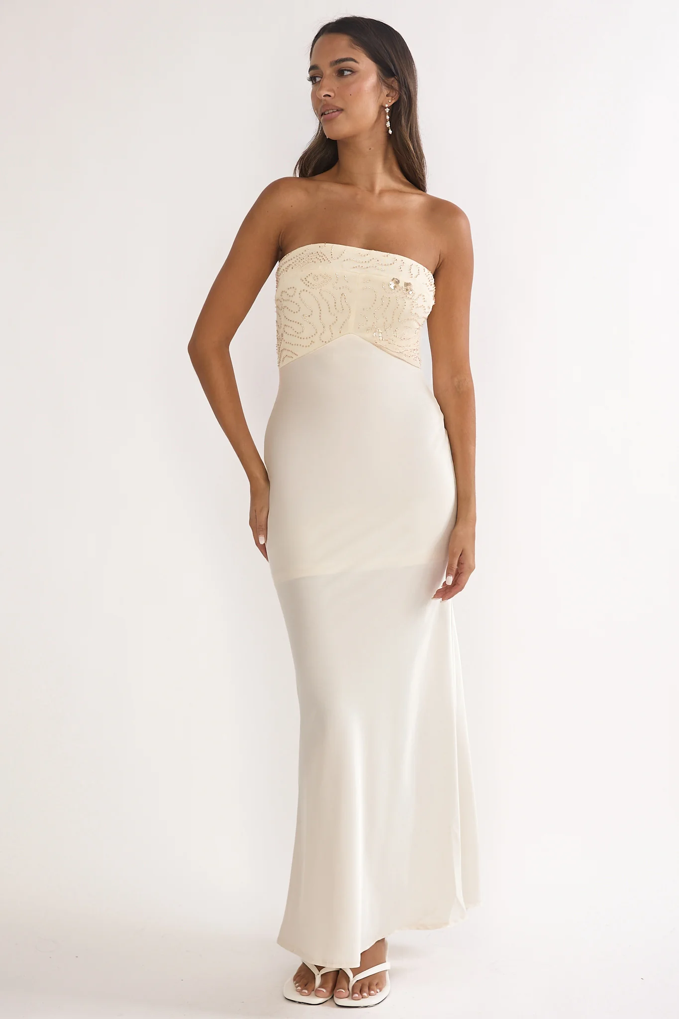 At Dusk Beaded Bust Strapless Maxi Dress Oyster - luluinthesky
