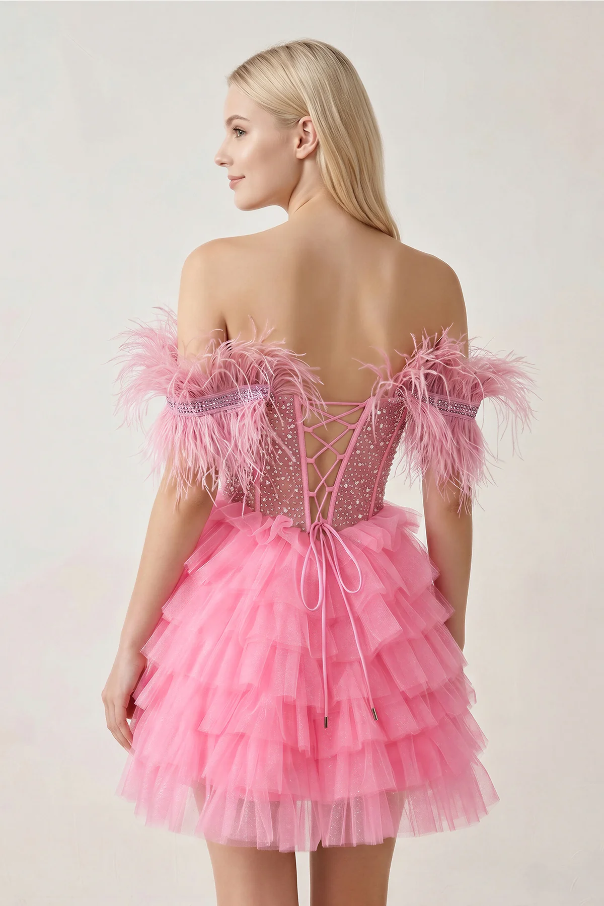 A Line Off the Shoulder Beaded Homecoming Dress with Feathers