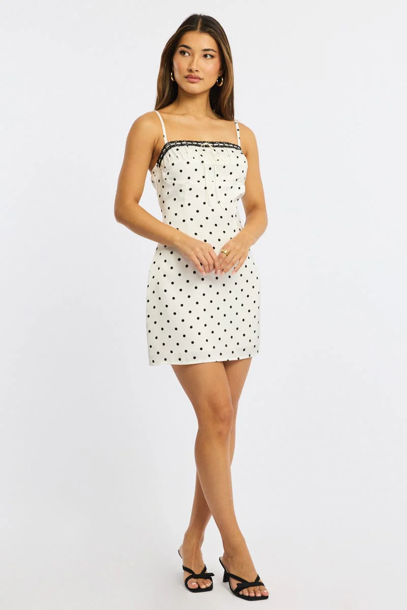 White Polka Dot Mini Dress Satin