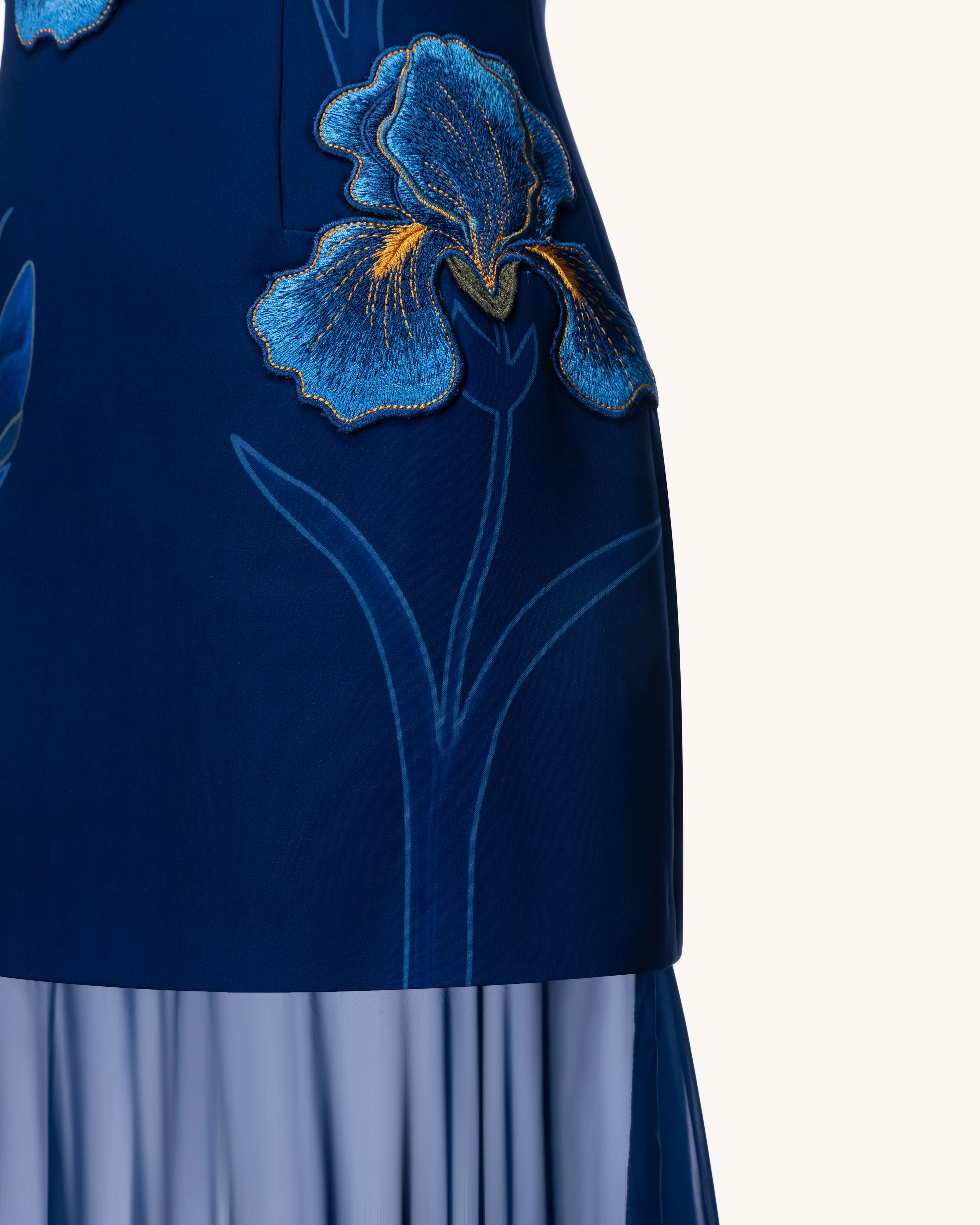 Iris Embroidered Plunge Sheer Overlay Maxi Dress - Navy Blue - FASHION NOB