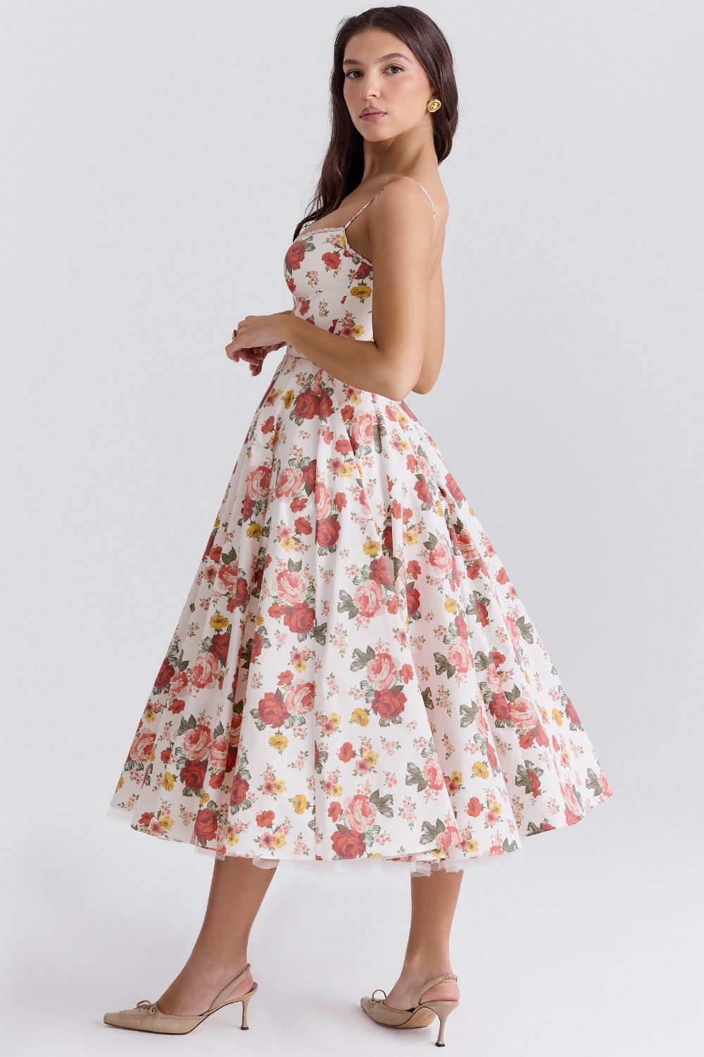 italian rose print tulle midi dress